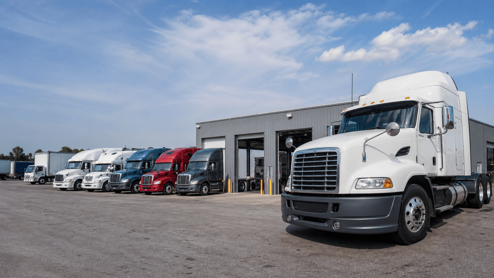 Commercial trucks lined up outside the I-65 Trucks sales and service yard